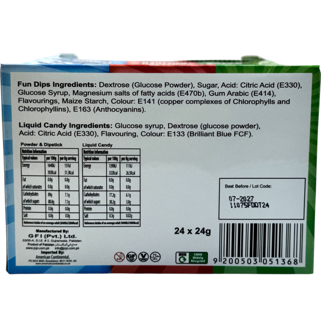 Back of a candy box with ingredient list, nutritional information, and barcode.