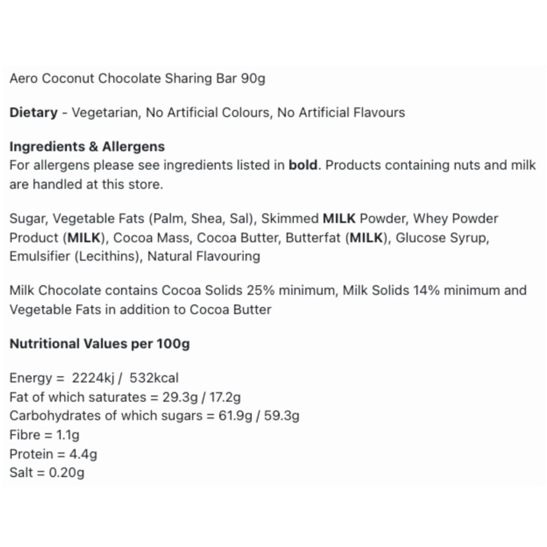 Aero Coconut Chocolate Sharing Bar 90g Ingredients, Allergens and Nutritional information.