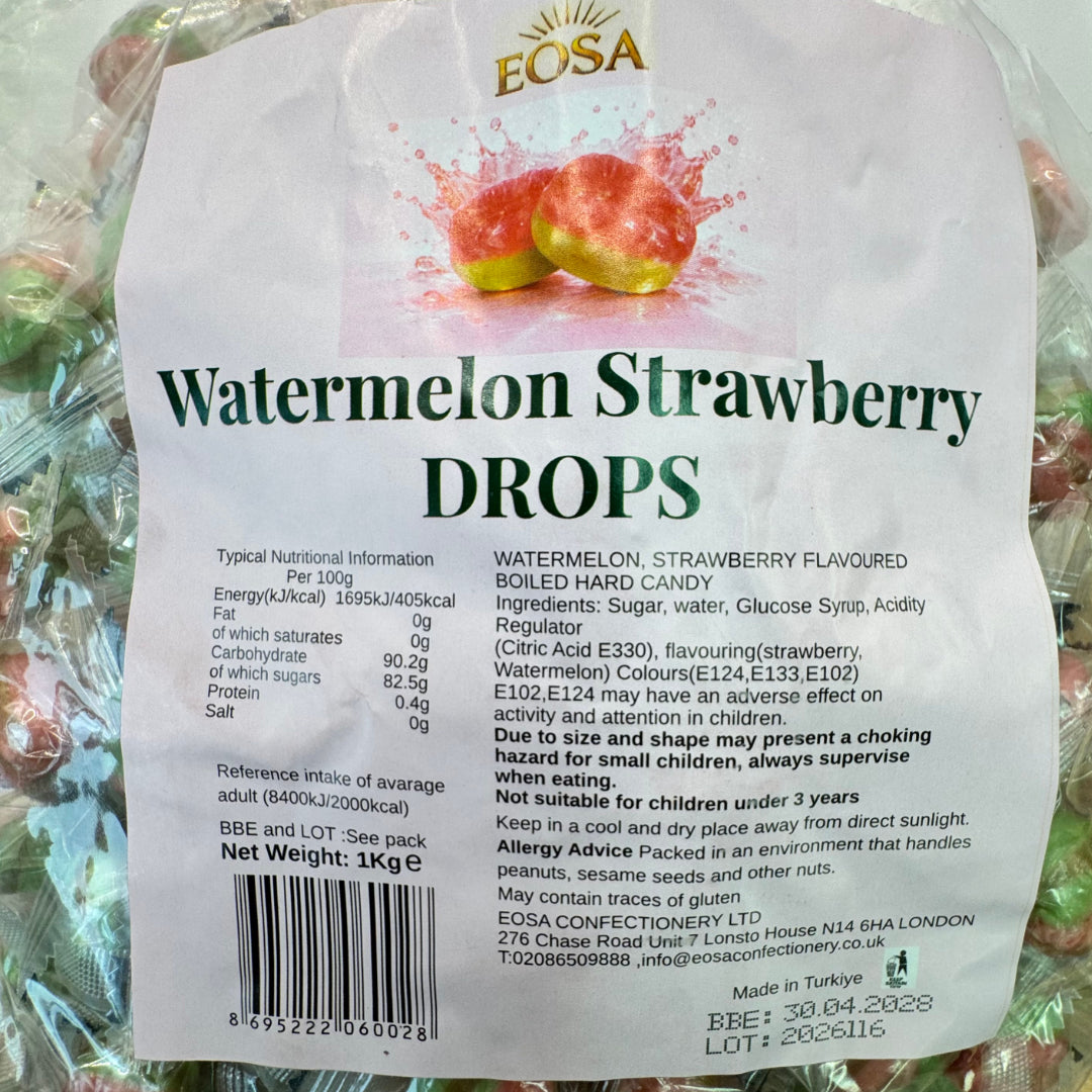 A 1kg bag of Eosa Watermelon Strawberry Drops candy, featuring a white label with green text and a red watermelon graphic, with a barcode and nutritional information.
