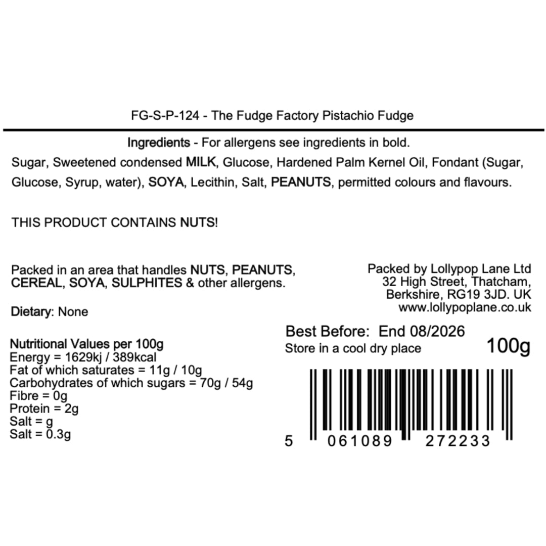 Label of The Fudge Factory Pistachio Fudge with ingredients, allergen information, and nutritional values.