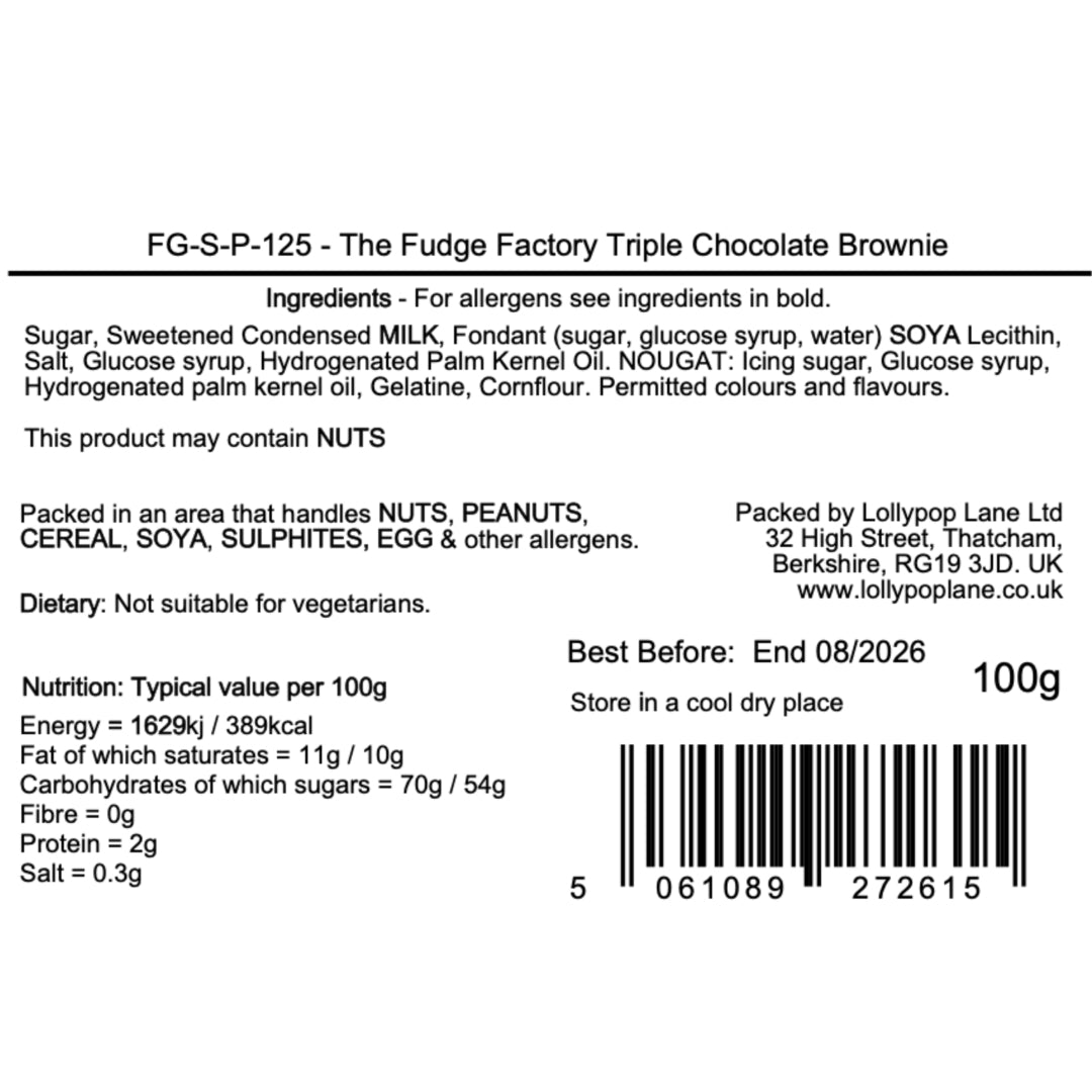 Lollypop Lane Ltd Label of The Fudge Factory Triple Chocolate Brownie with ingredients, packing details, and nutrition information.