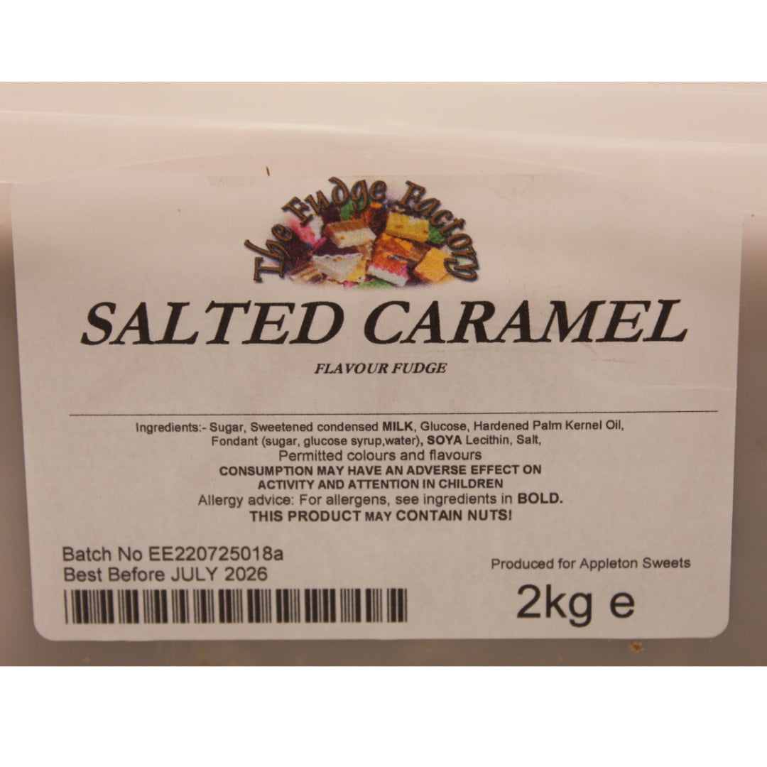 Label for salted caramel fudge packaging with branding and product details.