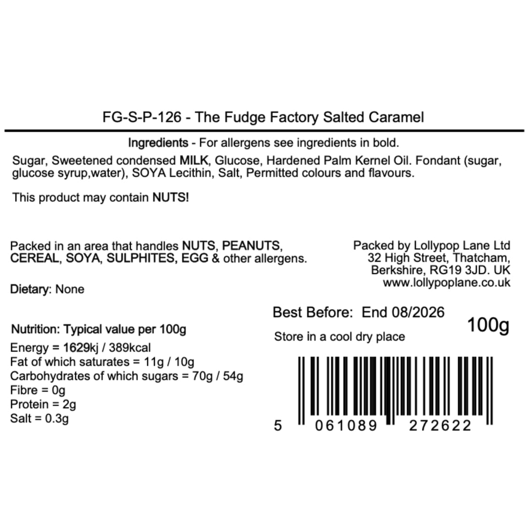 Lollypop Lane Ltd Label for The Fudge Factory Salted Caramel product with ingredients, packaging details, and nutritional information.