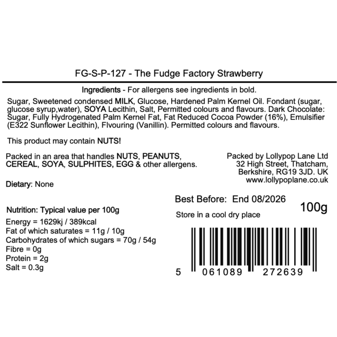 Lollypop Lane Ltd Label of The Fudge Factory Strawberry product with ingredients, nutritional information, and packaging details.