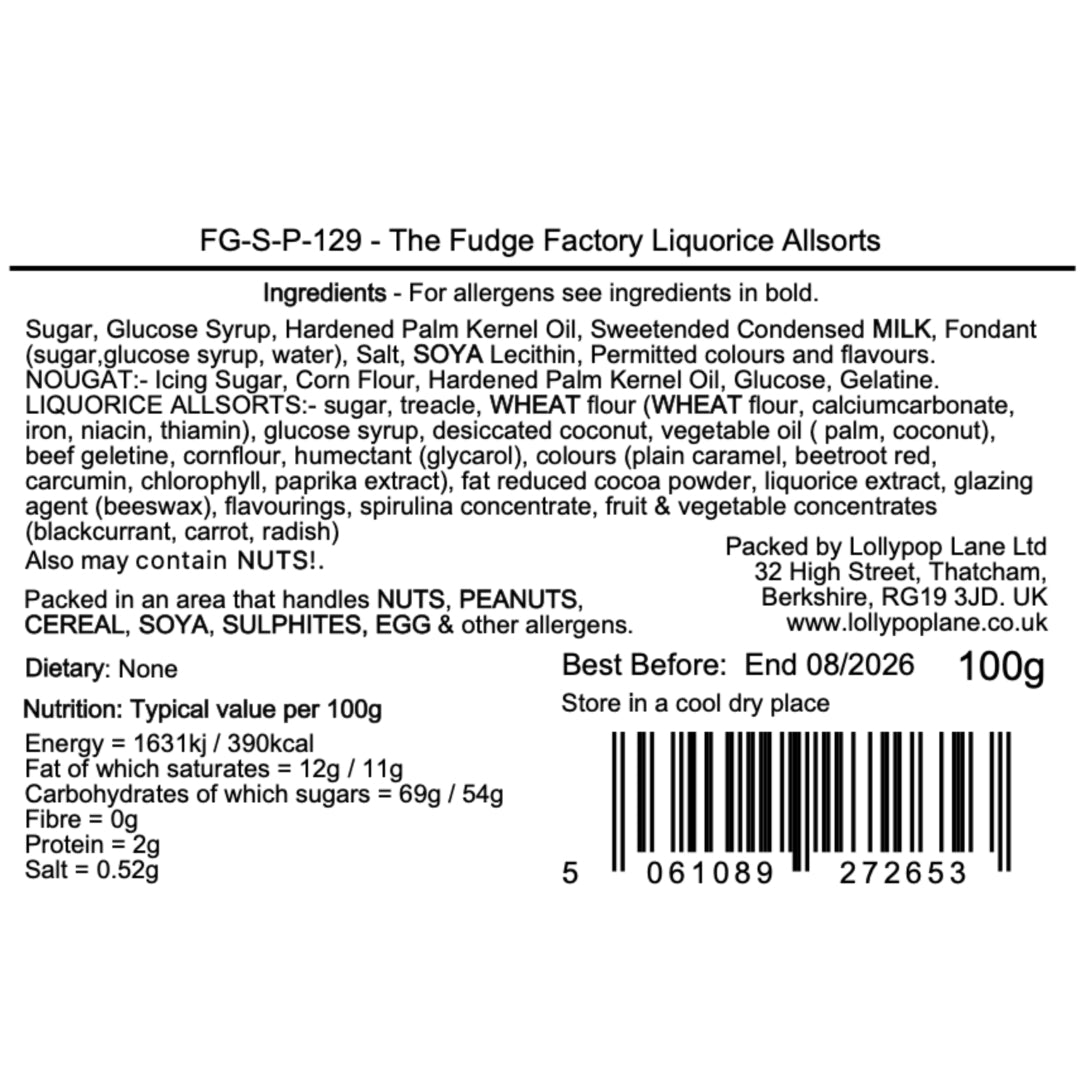 Lollypop Lane Ltd label with product details, ingredients, and nutritional information on a white background.