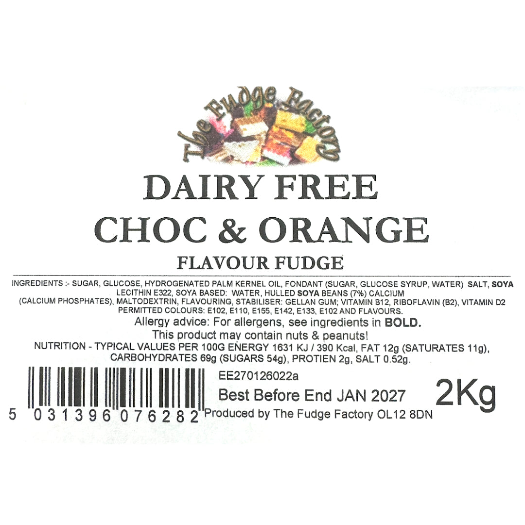 Label for dairy-free choc & orange fudge with branding and product details.