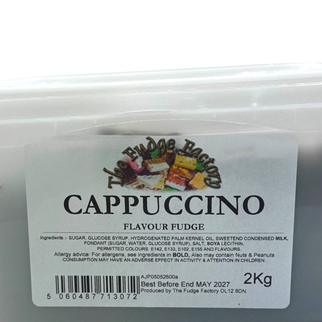 The Fudge Factory Cappuccino Flavoured Fudge ingredients label.