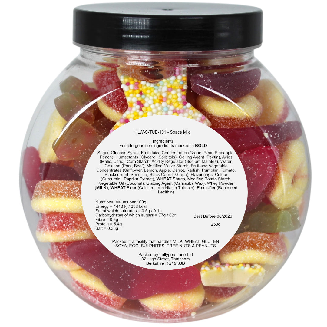 Lollypop Lane sweet jar displaying ingredients and allergen information