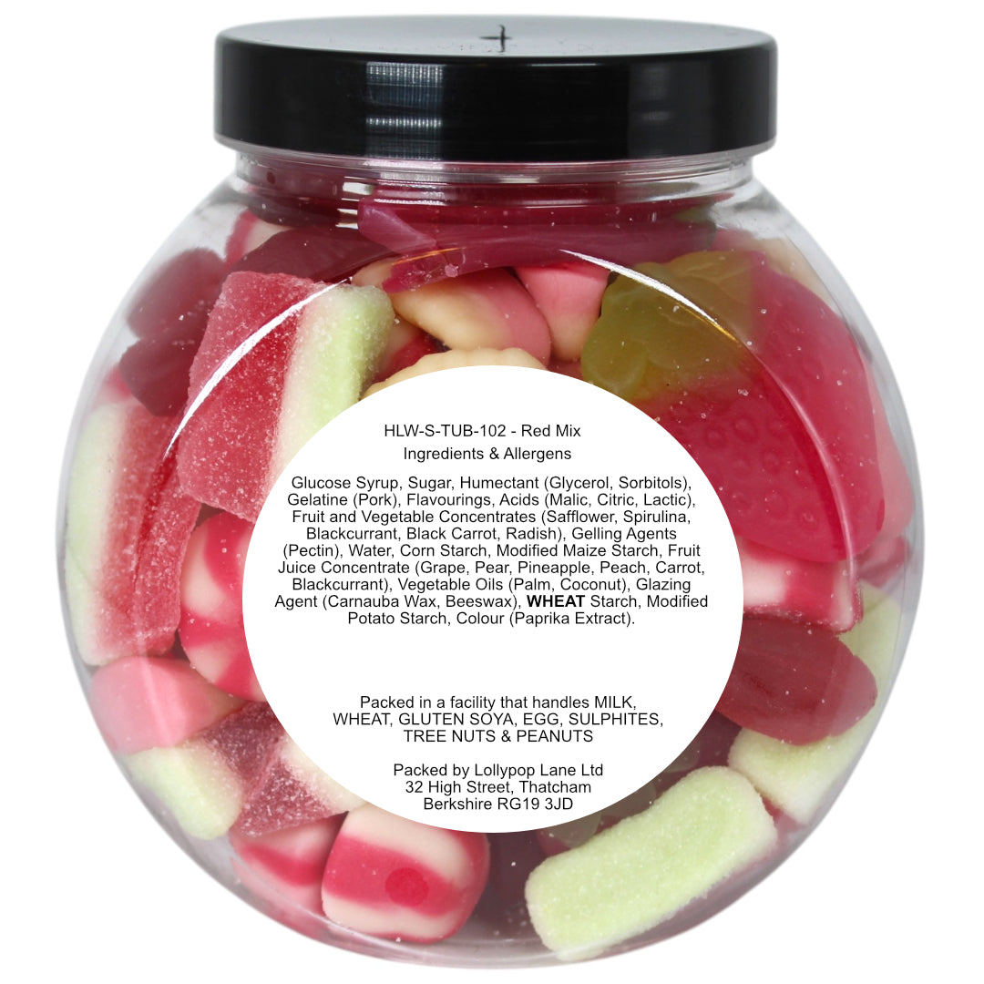 Lollypop Lane red mix sweet jar showing the ingredients and allergens label