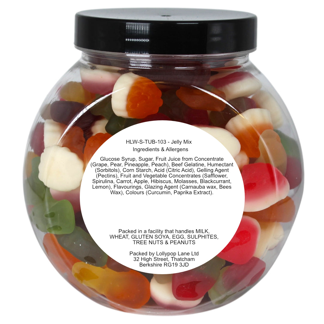 Lollypop Lane Jelly mix sweet jar showing the ingredients and allergens label