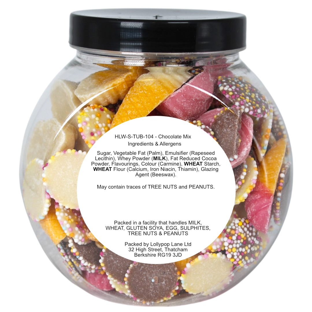 Lollypop Lane Chocolate mix sweet jar showing the ingredients and allergens label