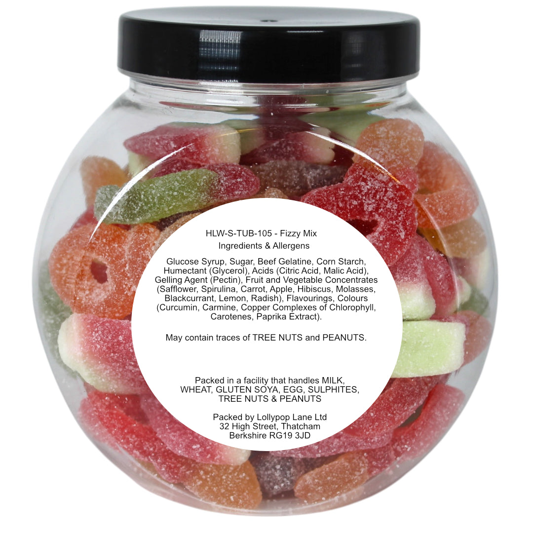 Lollypop Lane cookie jar filled with Fizzy Mix sweets showing the ingredients label