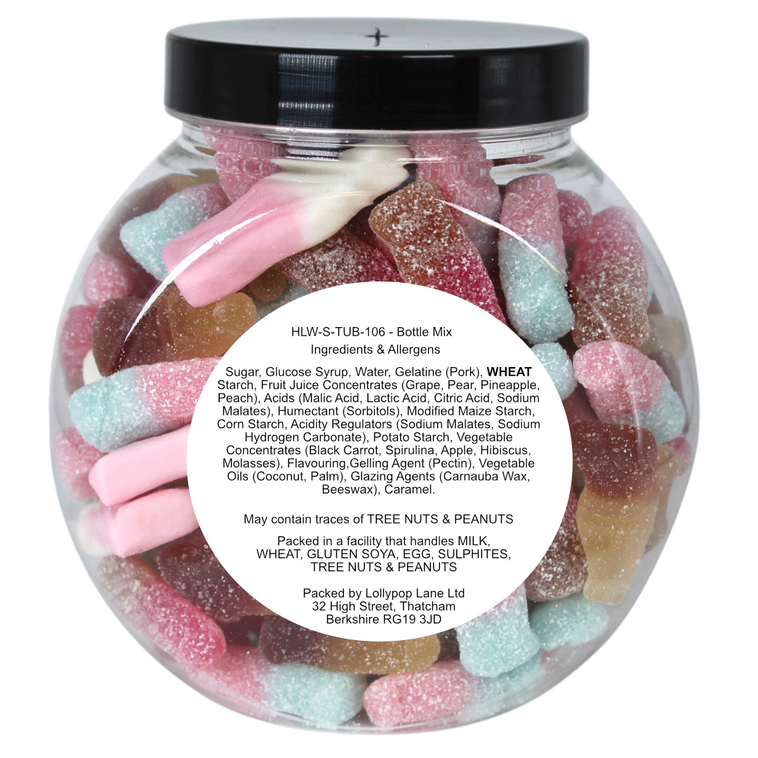 Lollypop Lane cookie jar filled with bottle shaped sweets showing the ingredients label