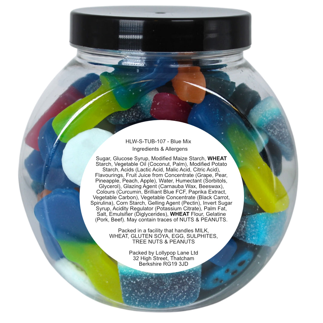 Lollypop Lane cookie jar filled with blue sweets showing the ingredients label