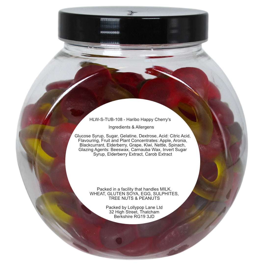 Lollypop Lane cookie jar filled with Haribo Happy Cherries showing the ingredients label