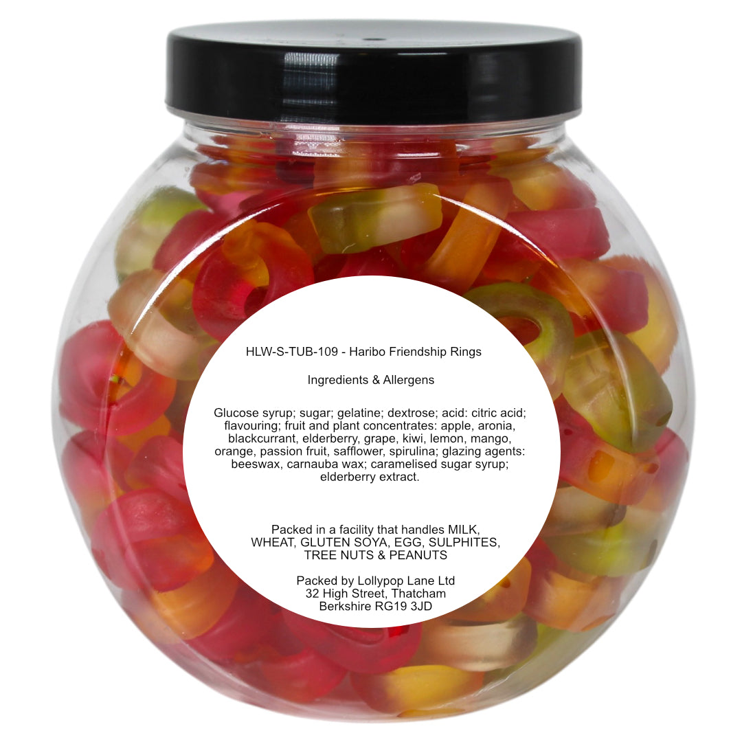 Lollypop Lane cookie jar filled with Haribo Friendship Rings showing the ingredients label