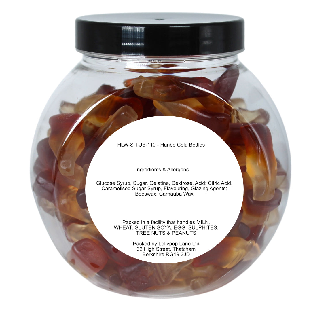 Lollypop Lane cookie jar filled with Haribo Cola Bottles showing the ingredients label