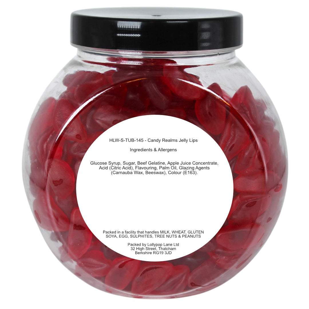 Lollypop Lane cookie jar filled with Candy Realms Jelly Lips showing ingredients and allergens