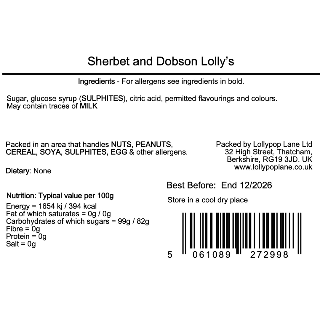 Sherbet and Dobson Lolly Ingredients Label