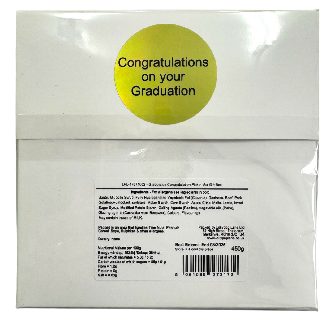 Graduation-themed gift box with a yellow label and text on a white background