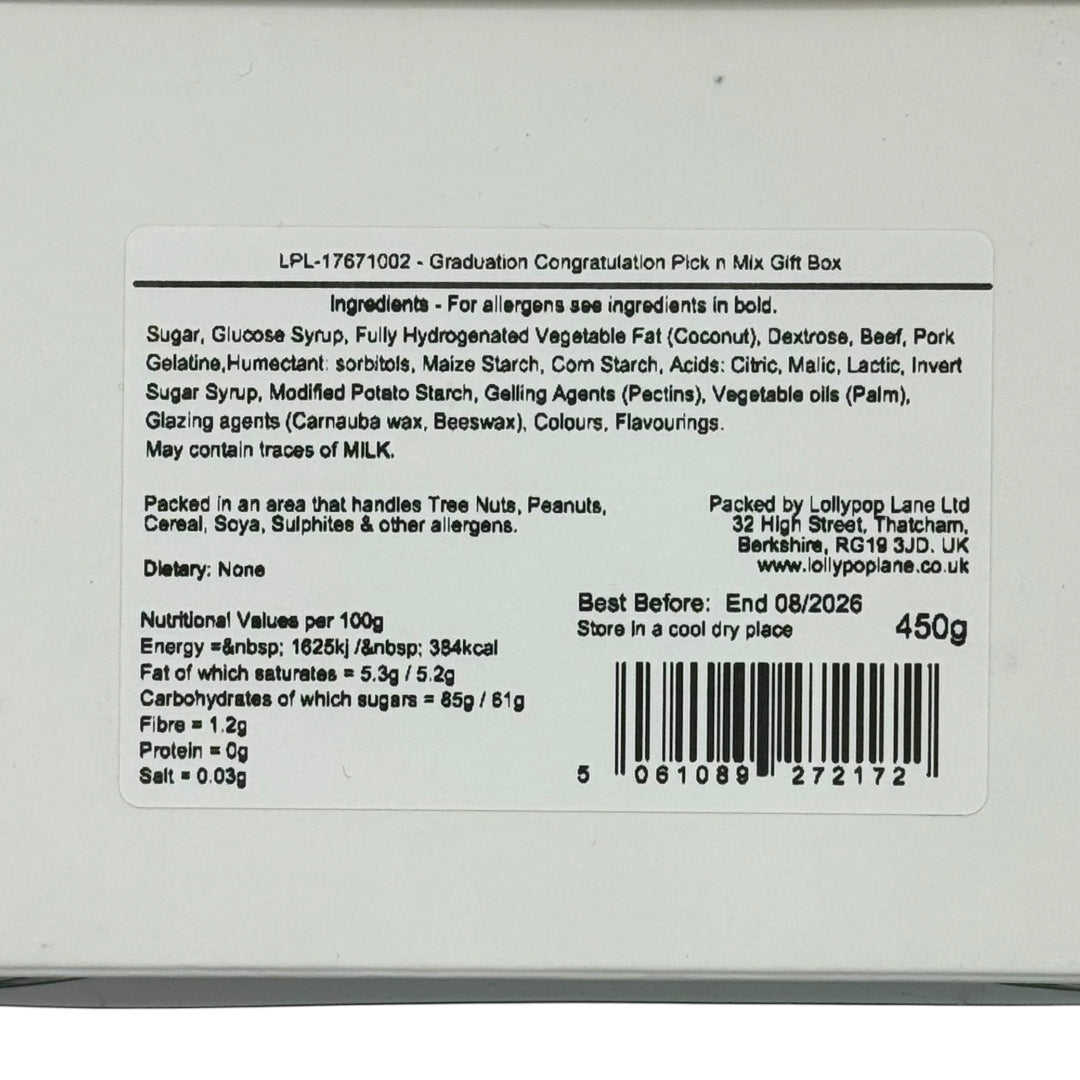 Lollypop Lane Graduation Congratulations Pick n Mix Gift Box rear view showing ingredients and allergens label