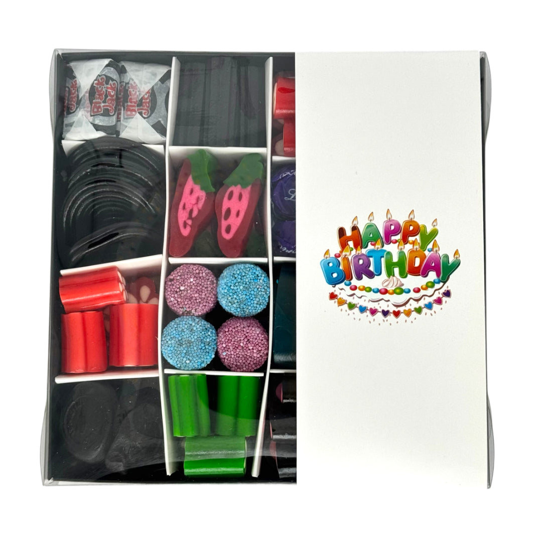 Liquorice Pick n Mix - Happy Birthday Colourful Logo Gift Box 600g Top View