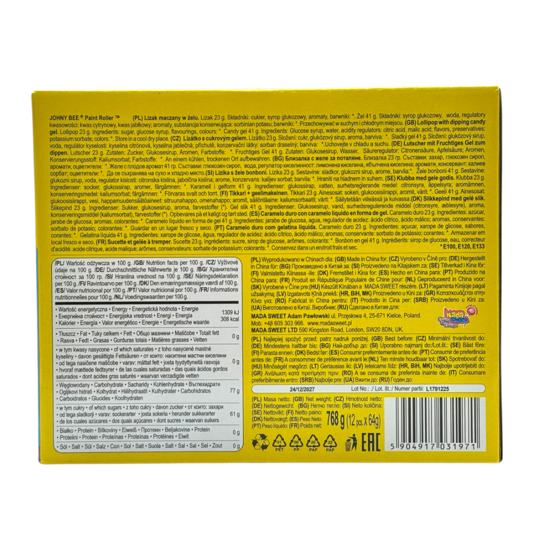 Johnny Bee Paint Roller Gel 23g Yellow box with text and a barcode on a white background