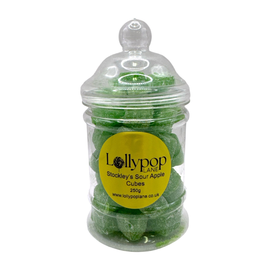 Stockley's Sour Apple Cubes Victorian Jar 250g on white background