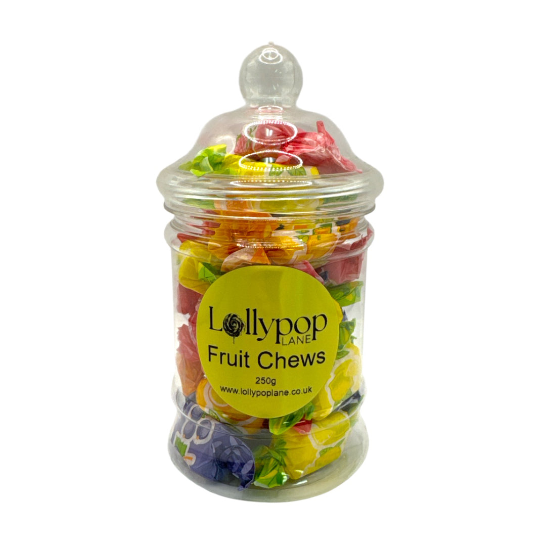 Assorted Fruit Chews Victorian Jar 250g on white background