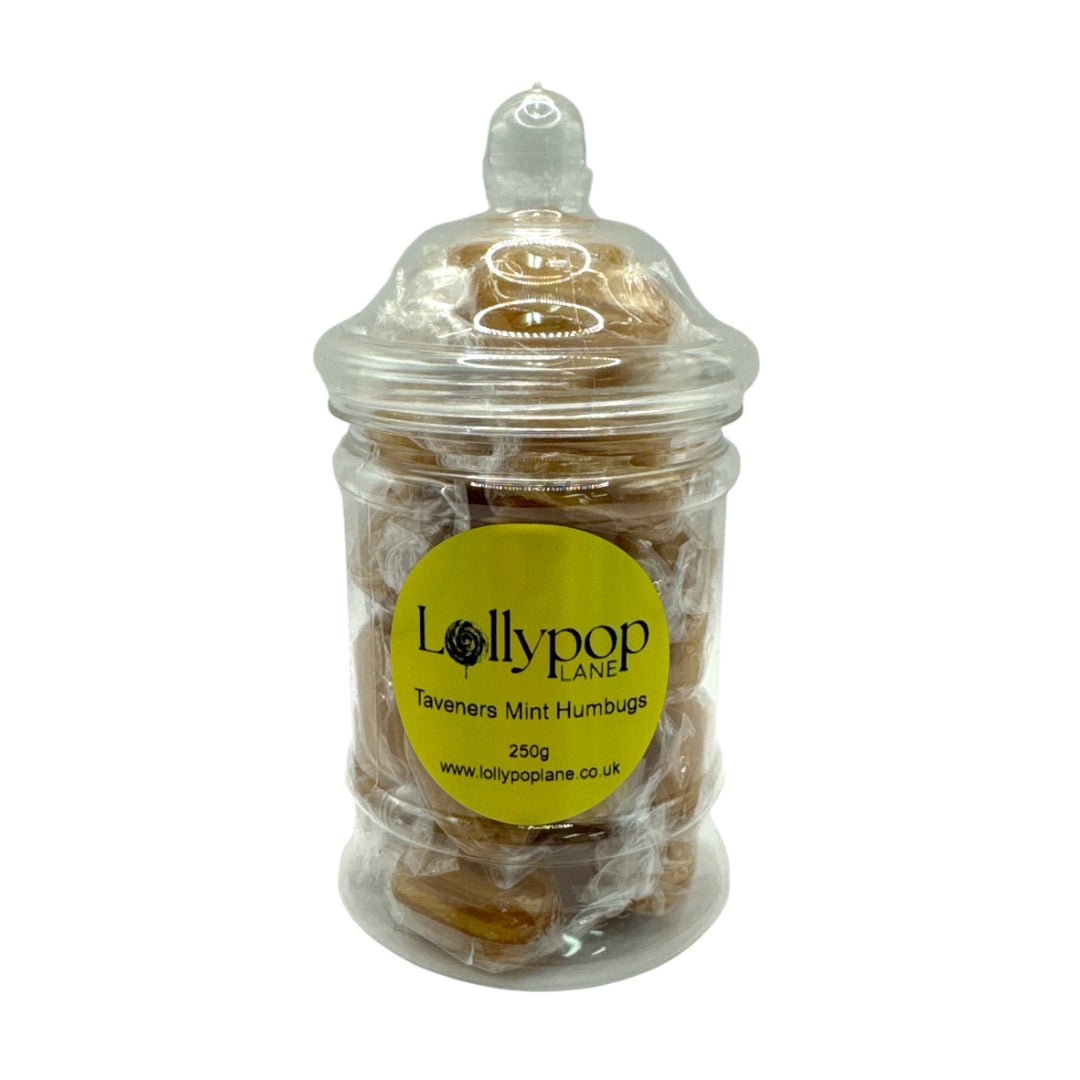 Taveners Mint Humbugs Victorian Jar 250g on a white backround