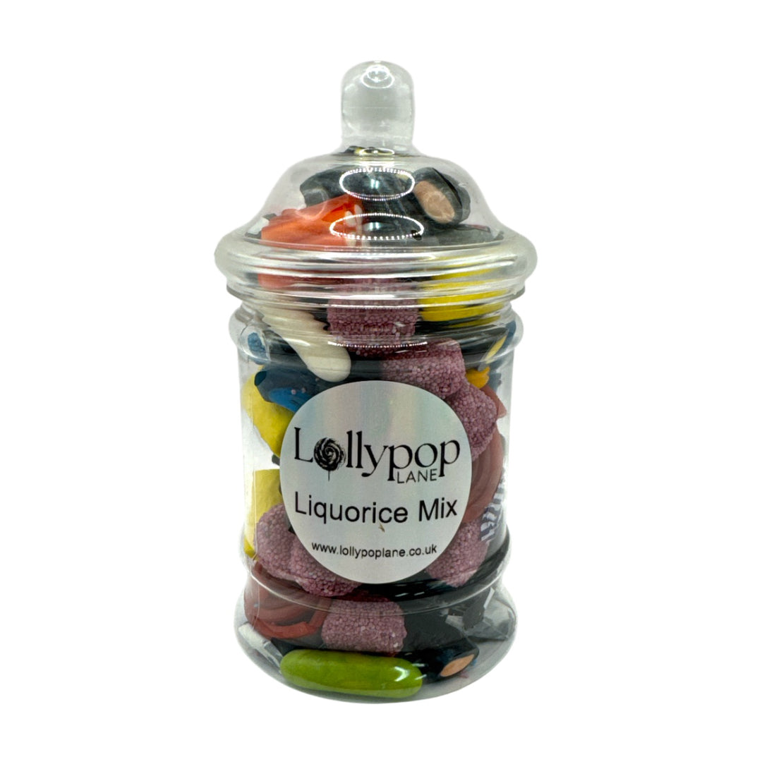 Liquorice Mix Victorian Jar 250g with a personalised label on a white background.