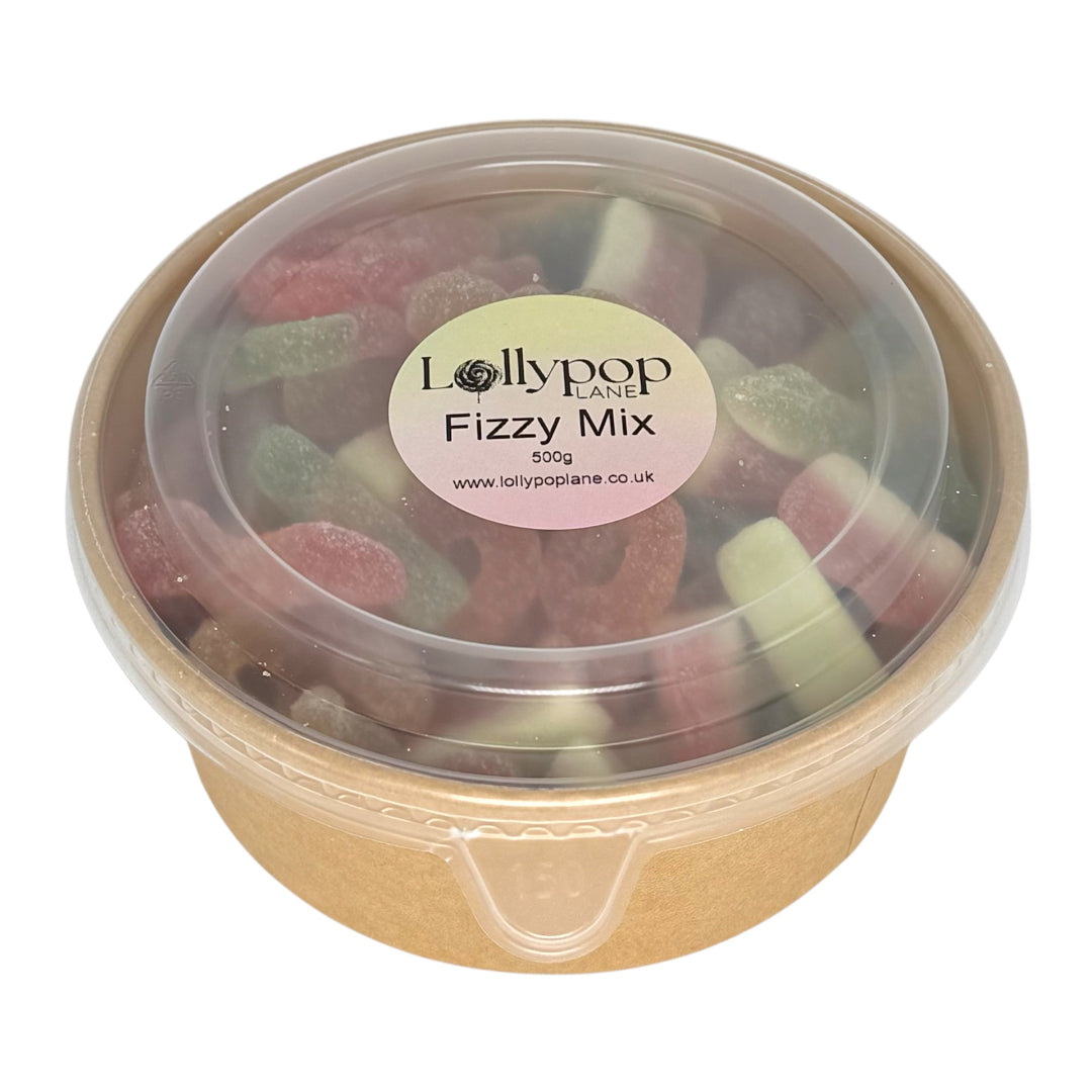 Round container of Lollypop Lane Fizzy Mix on a white background