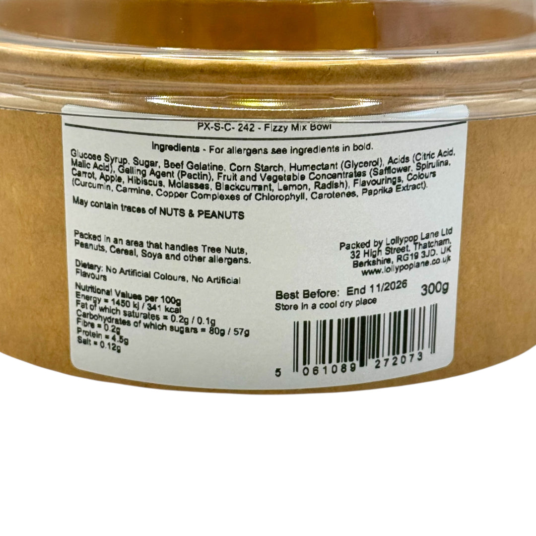 Label displaying the ingredients and allergens of a Lollypop Lane Fizzy Mix sweet bowl
