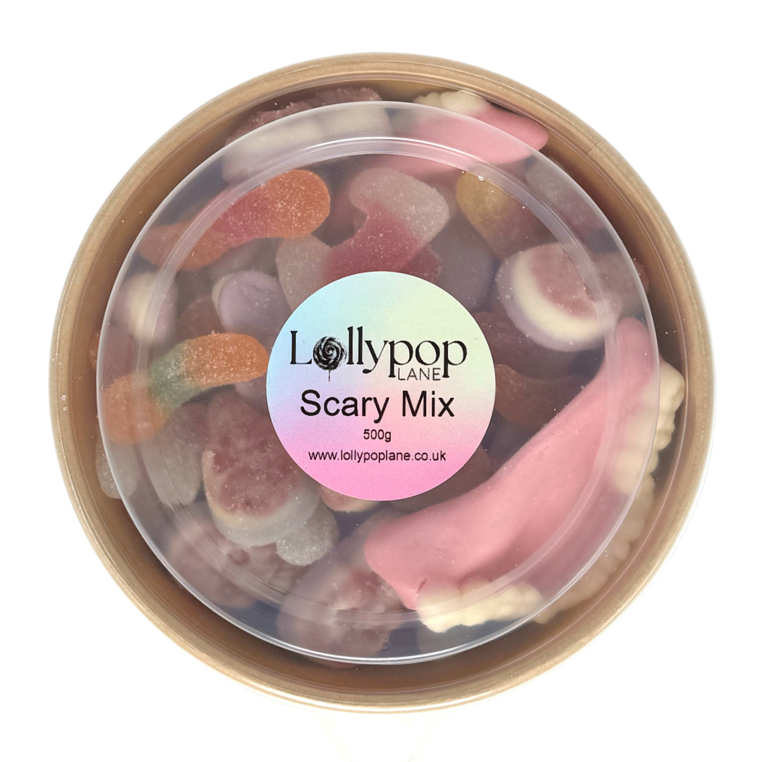 Jar of 'Scary Mix' gummy candies with Lollypop Lane label on a white background