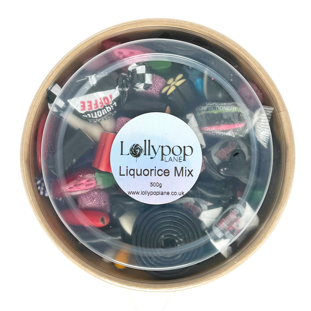 Lollypop Lane Liquorice Mix in a food bowl with a clear lid.