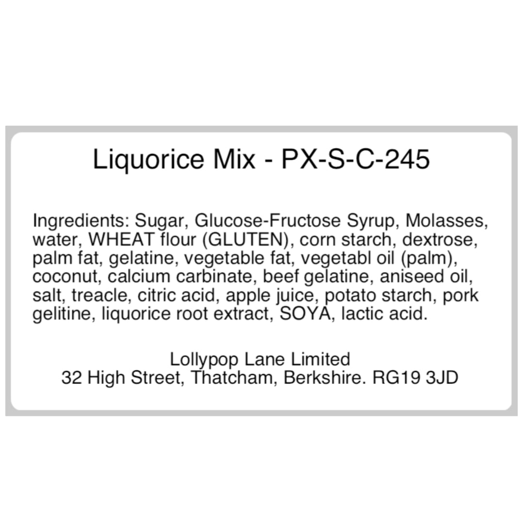 Liquorice mix ingredients list with Lollypop Lane Limited contact information on a white background
