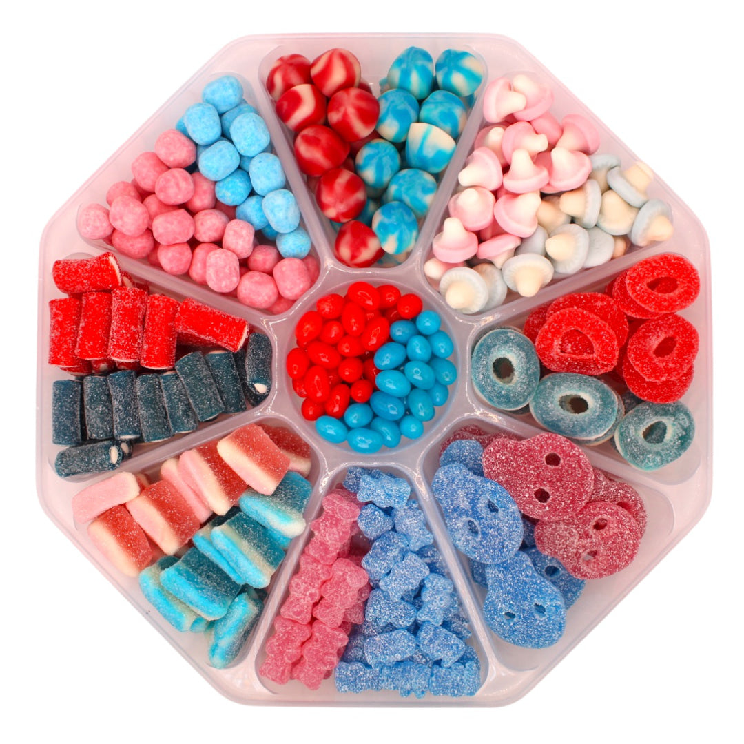 His and Her's Lollypop Lane sweet platter containing an assortment of red, pink and blue sweets