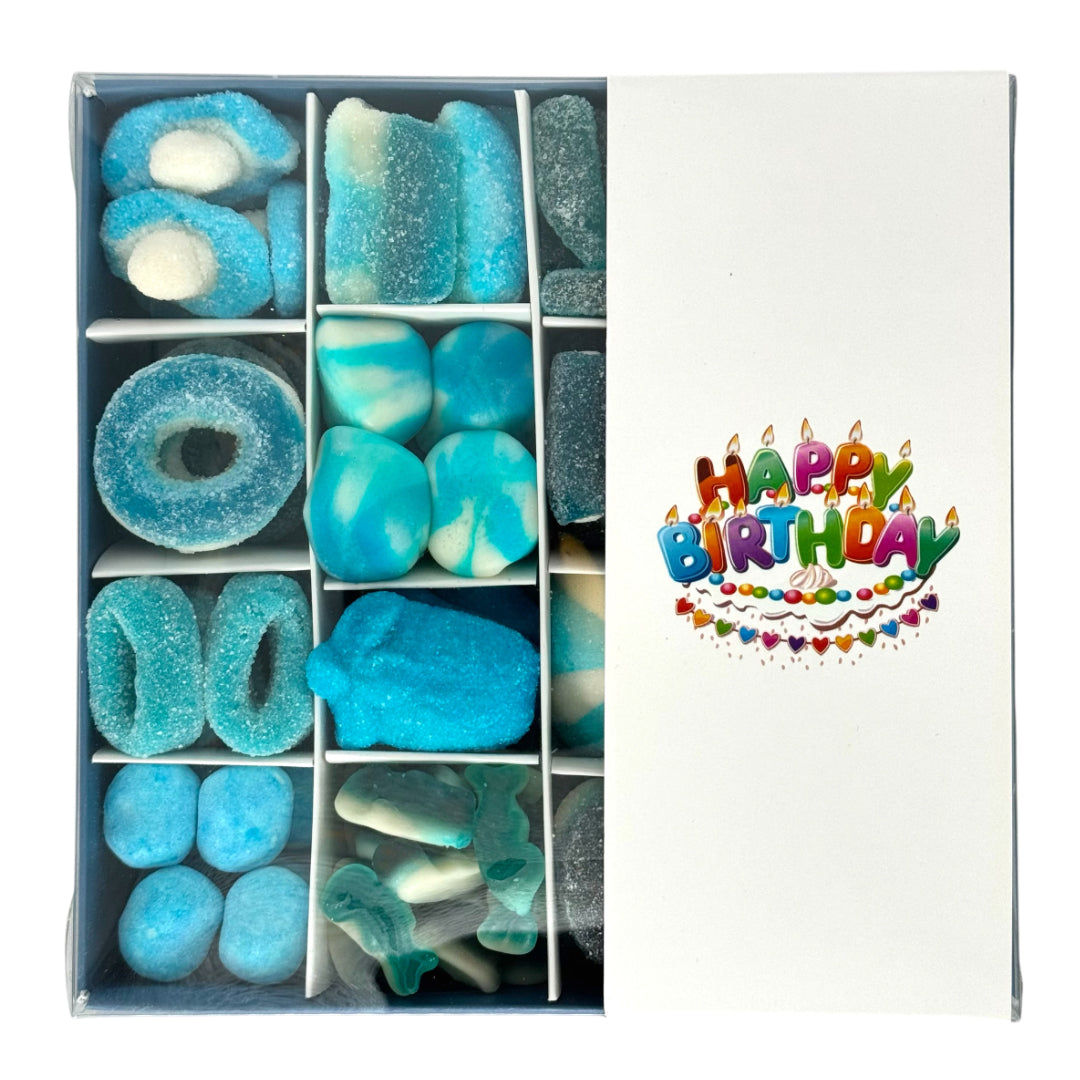 Pick n Mix Blue Sweets - Happy Birthday Colourful Logo Gift Box 500g Top View