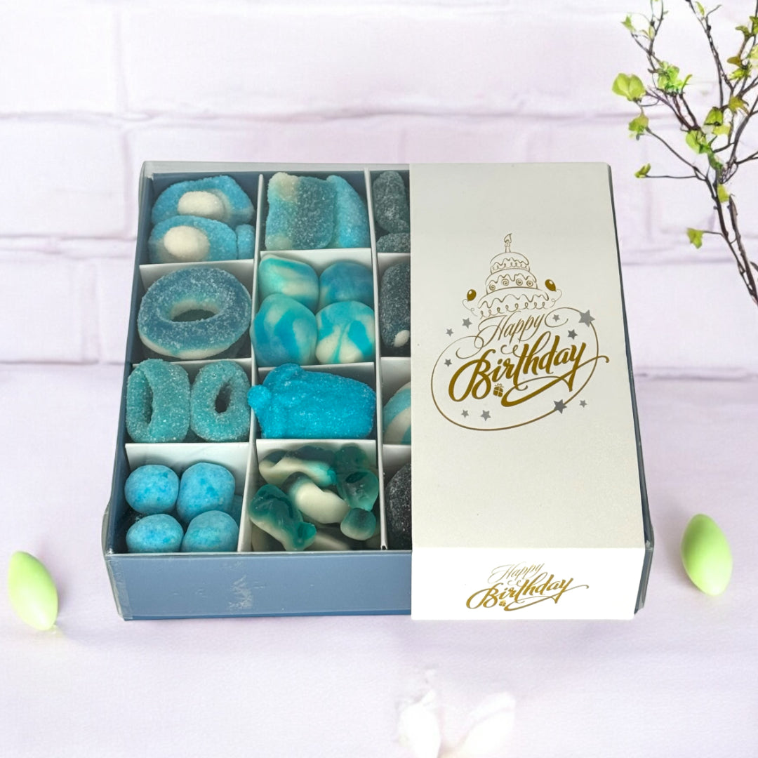 Pick n Mix Blue Sweets - Happy Birthday Gold Logo Gift Box 500g