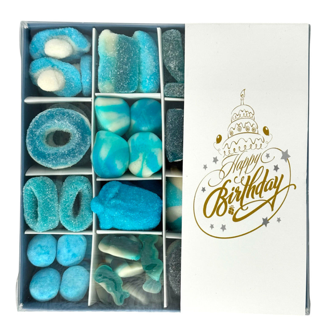Pick n Mix Blue Sweets - Happy Birthday Gold Logo Gift Box 500g Top View