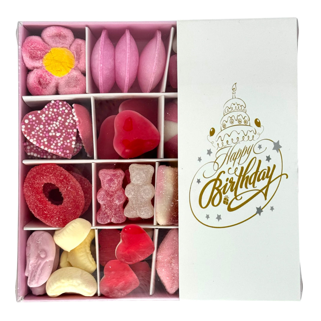 Pick n Mix Pink Sweets - Happy Birthday Gift Box Gold Logo 500g Top View