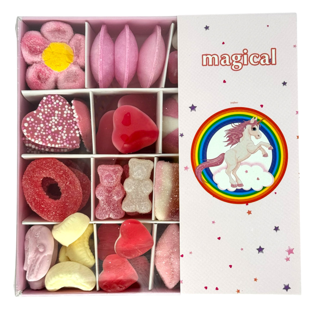 Pick n Mix Pink Sweets - Magical Gift Box Colourful Logo 500g Top View
