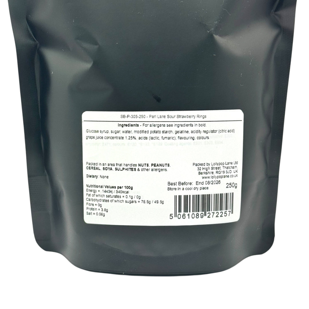 Black packaging with a white label displaying ingredients and nutritional information.