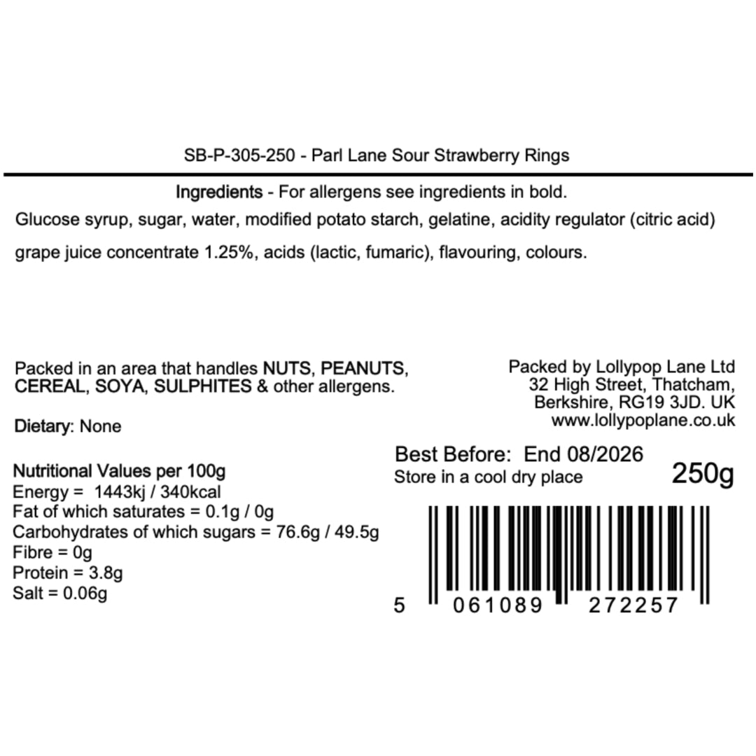 Lollypop Lane product label for Park Lane Sour Strawberry Rings with ingredients, nutritional information, and packaging details.