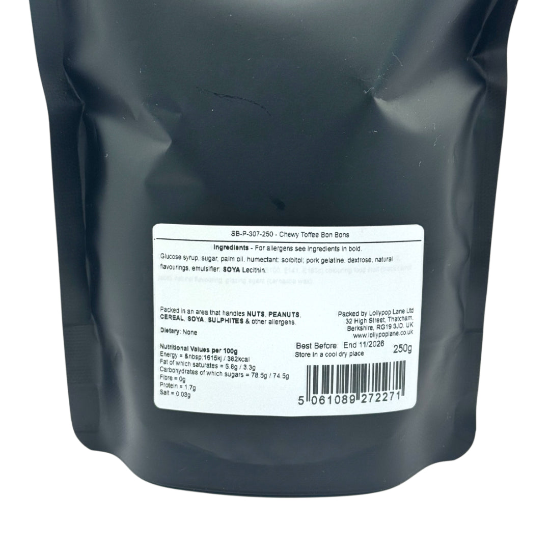 Rear view of a Lollypop Lane food pouch containing chewy toffee bon bons. it shows a label with ingredients.