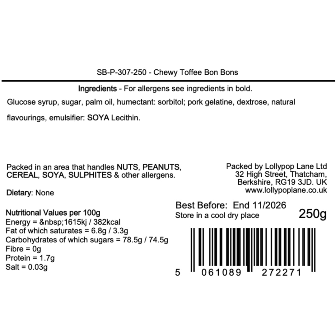 Label of Chewy Toffee Bon Bons with ingredients, nutritional information, and packaging details.