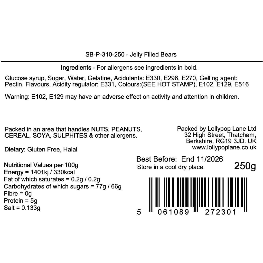 Lollypop Lane ingredients label for Jelly Filled Bears