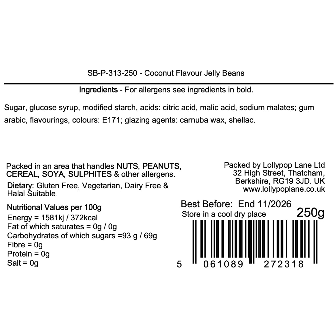 Coconut flavor jelly beans label with ingredients, allergen information, nutritional values, and packaging details.