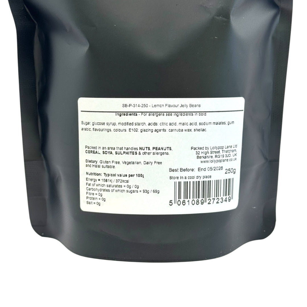 Back of a black packaging with a white label containing text and barcodes.
