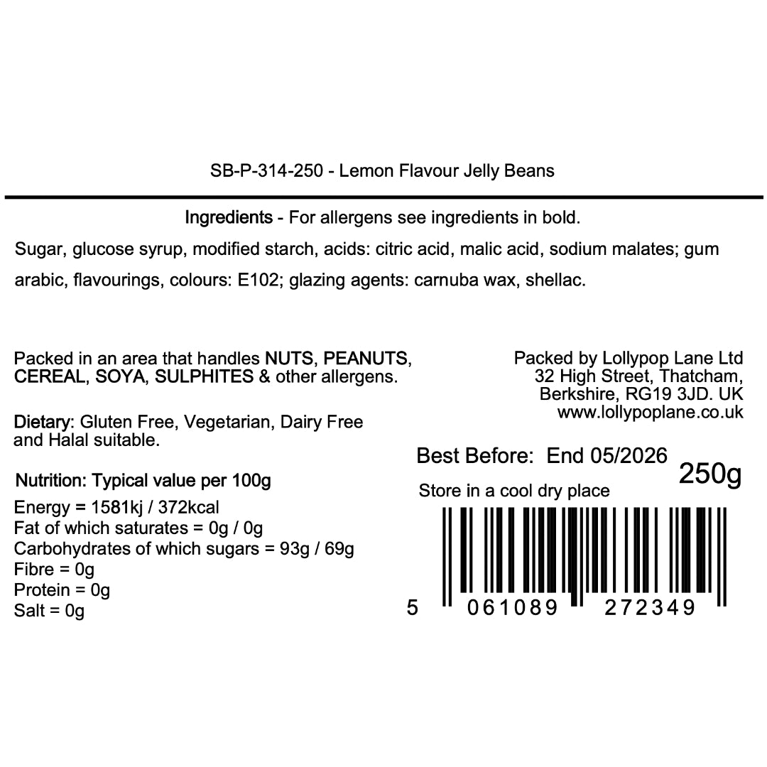 Lemon-flavored jelly beans label with ingredients, allergen information, and nutritional details.